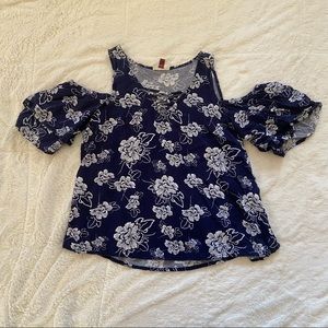 Blue Floral Off the Shoulder Blouse